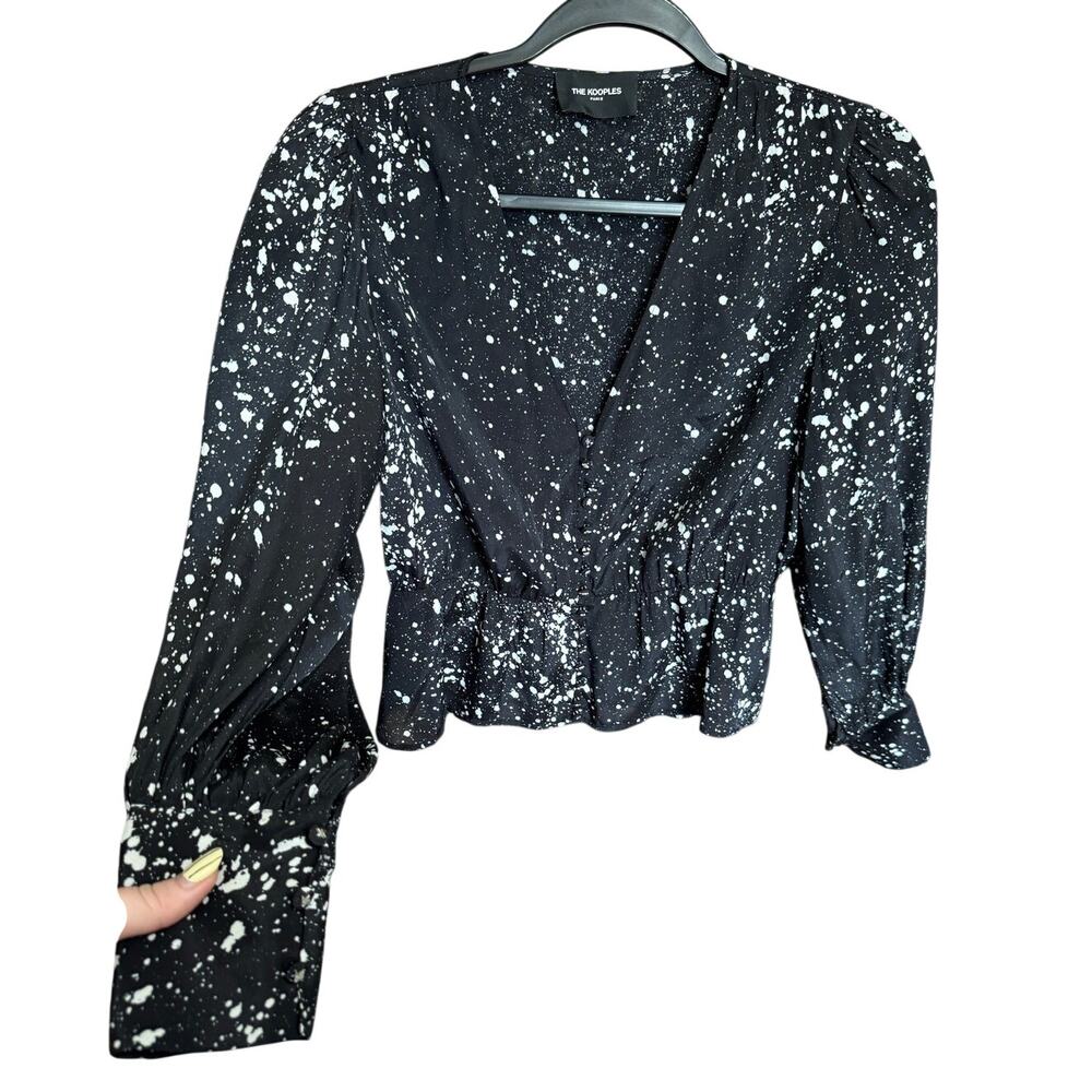 The Kooples Paint Splatter Peplum Blouse Black White Size 1 Small - Picture 2 of 11